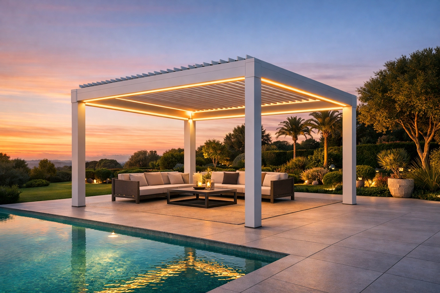 Freestanding white louvre pergola pavilion with integrated lighting standing independently next to a swimming pool.