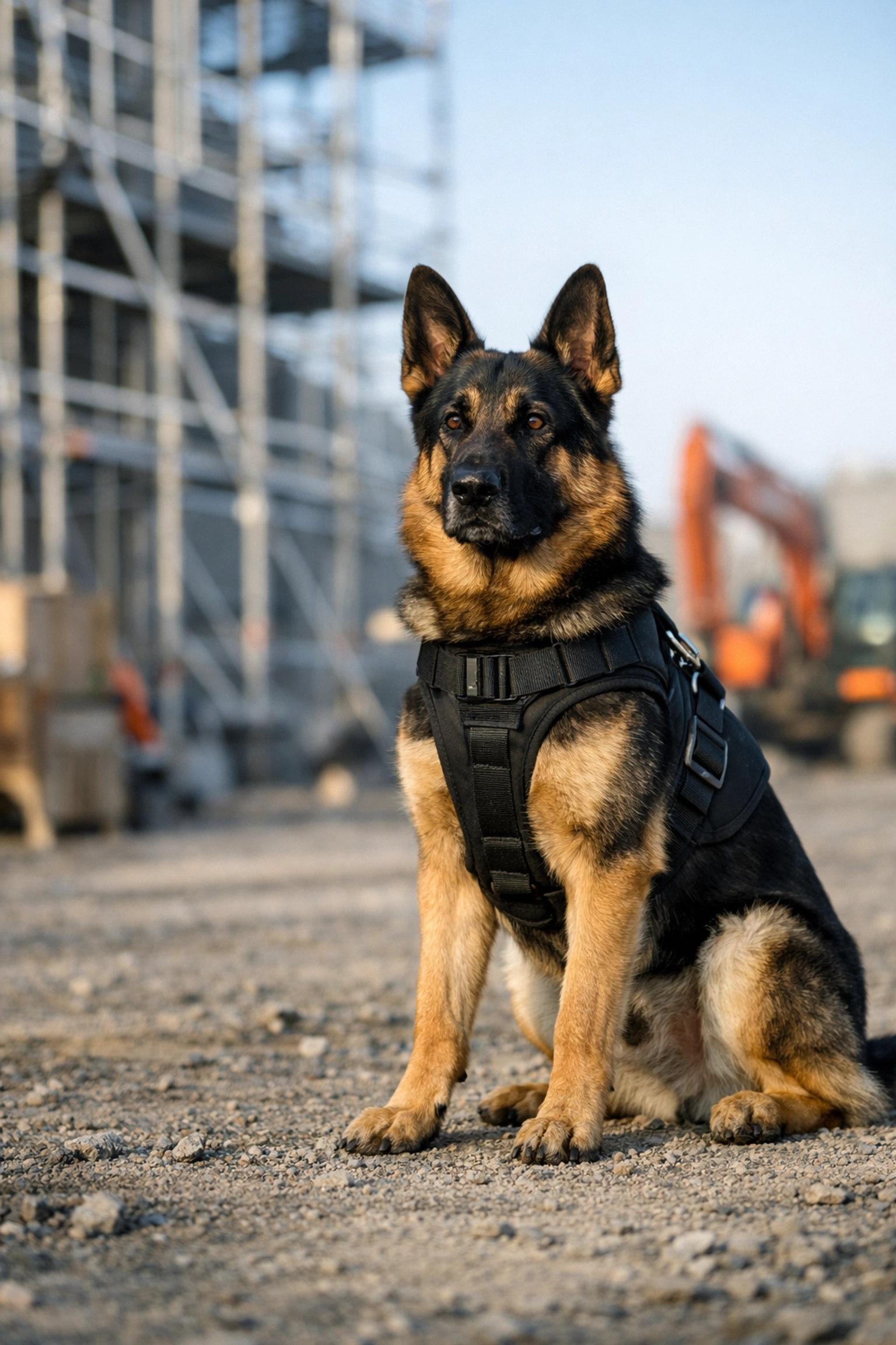 Alert German Shepherd guard dog providing security deterrence on a modern UK construction site.