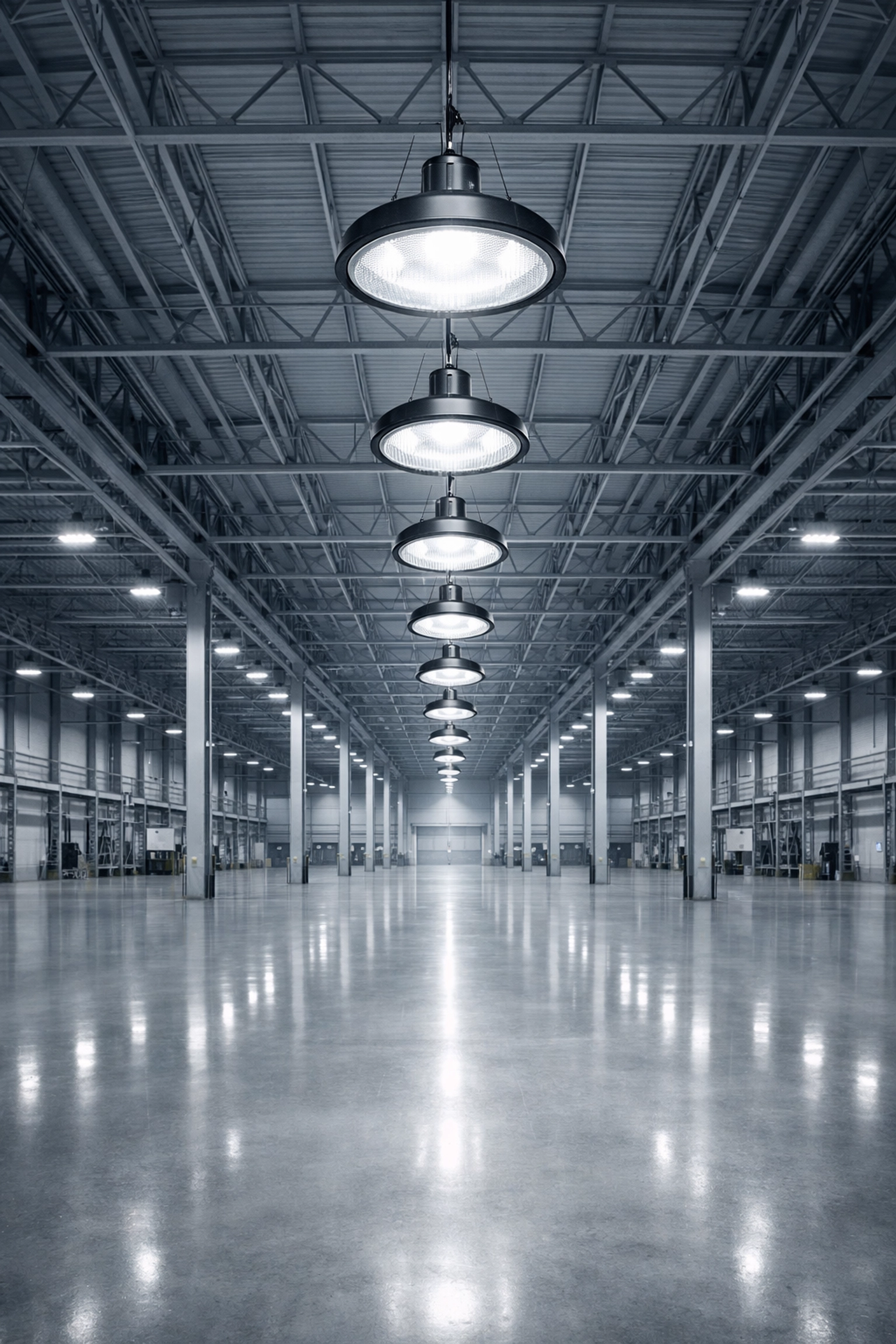 Entrepôt industriel moderne éclairé par des suspensions LED HELIOS haute puissance.