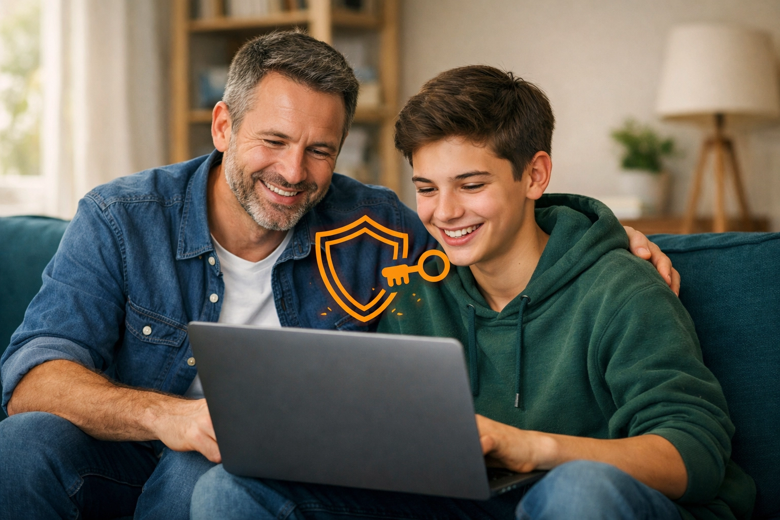Father and son learning about digital safety and online boundaries together on a laptop.