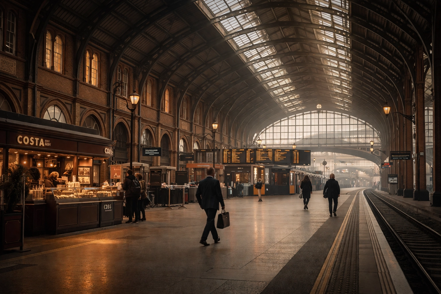 London Marylebone station interior with commuters and Victorian architecture on a quiet weekday morning
