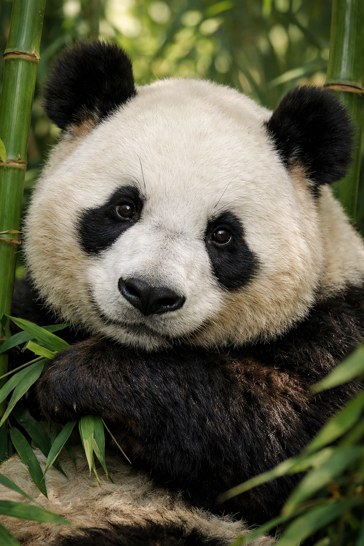 Intimate close-up of a giant panda in bamboo, illustrating professional wildlife storytelling photography.