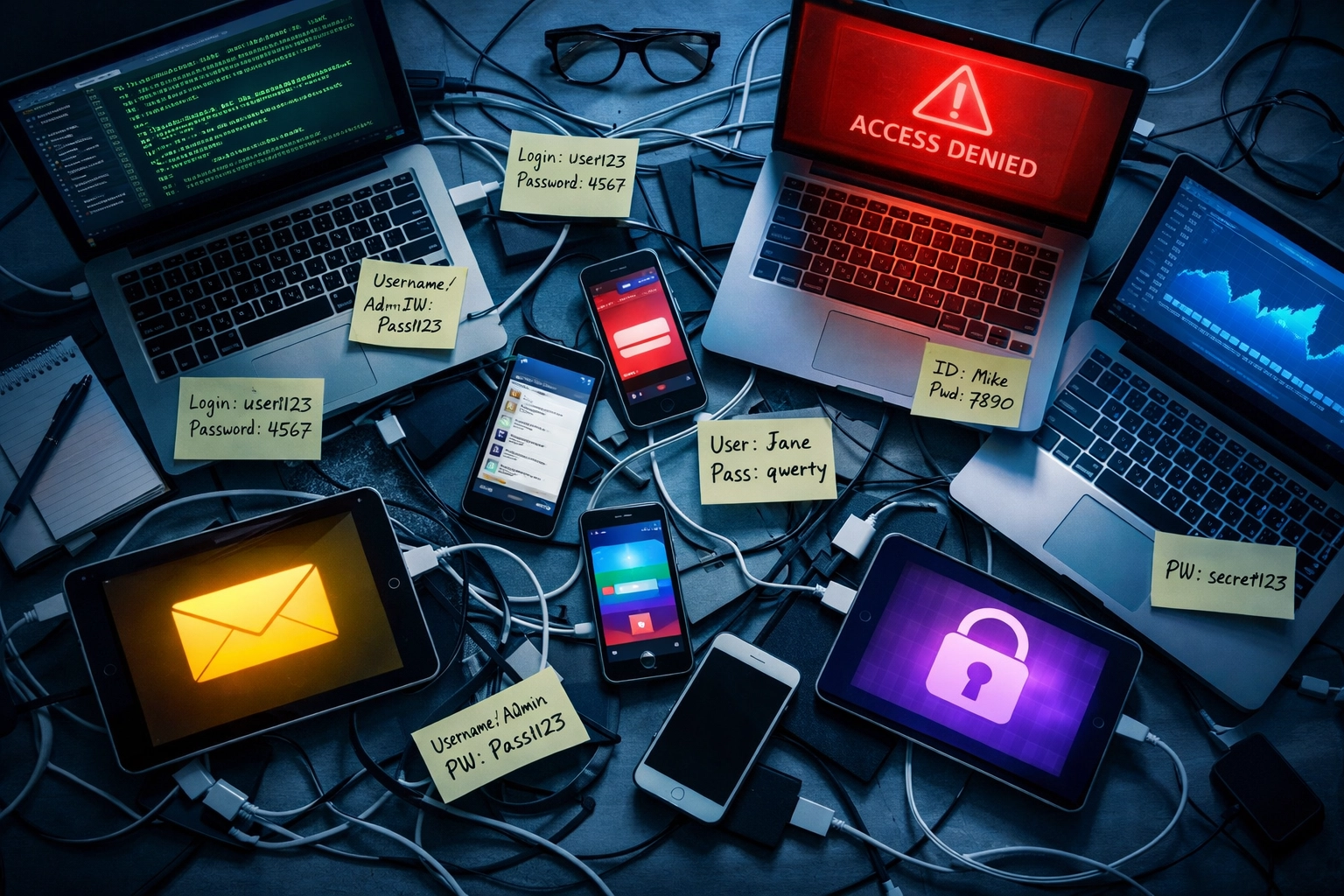 Chaotic office desk overflowing with multiple devices showing tech stack tool sprawl and ROI waste