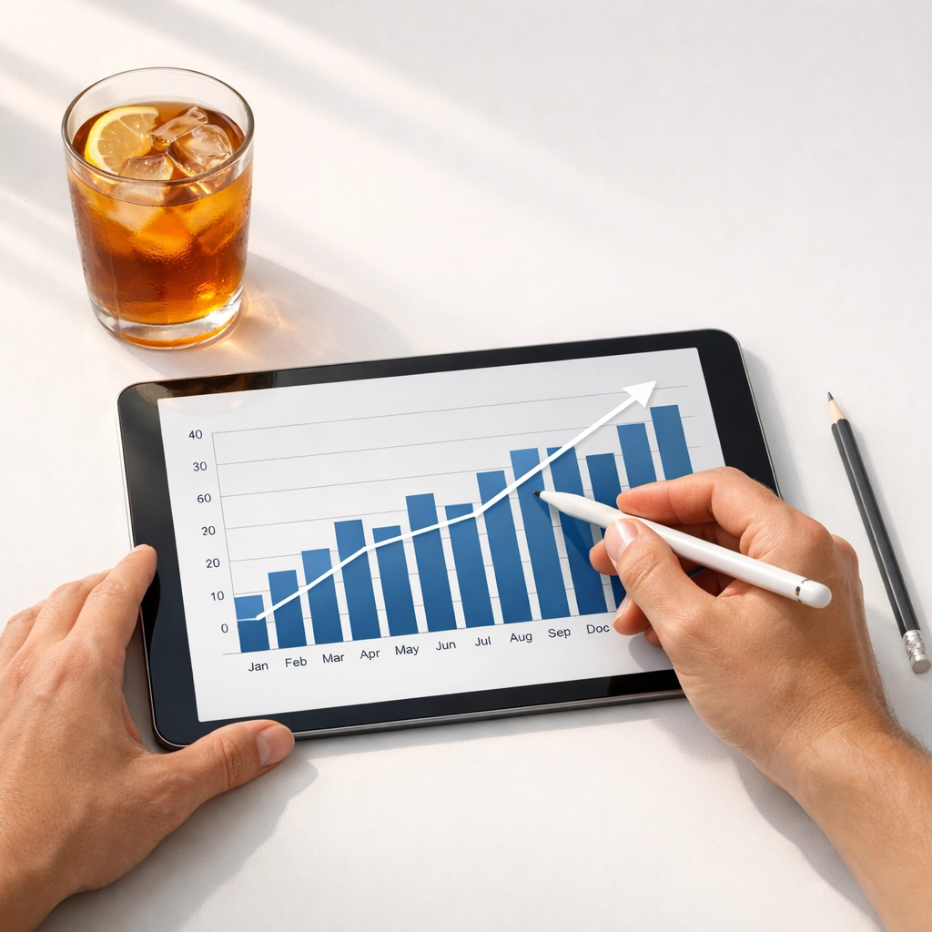 Hands using a stylus to interpret data graphics on a tablet, highlighting trends for SAT Mastery.