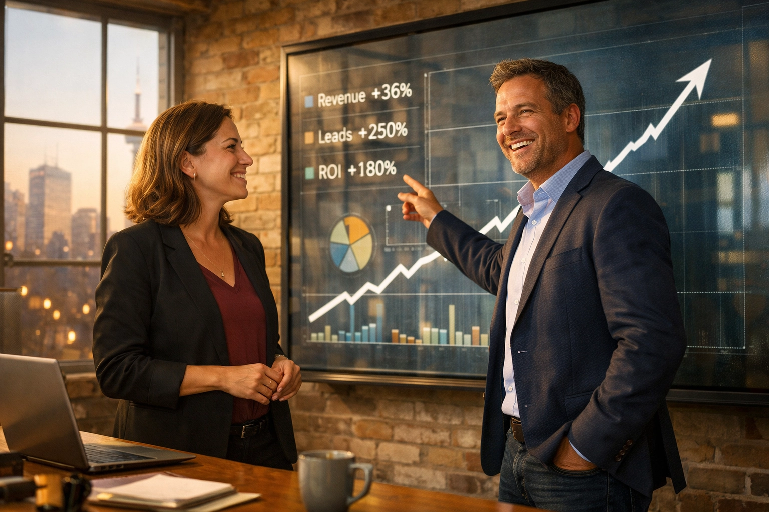 Professional experts reviewing a business growth chart at a top digital marketing agency Canada in Toronto.