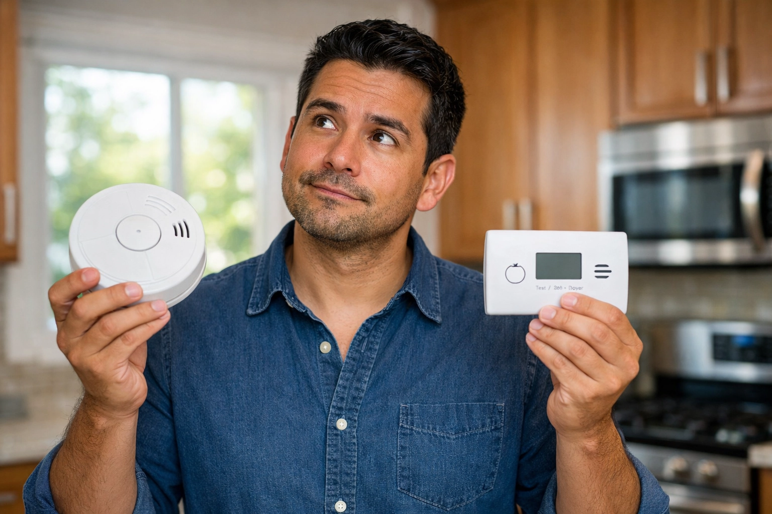 Homeowner comparing smoke detector and carbon monoxide detector in kitchen to understand the differences