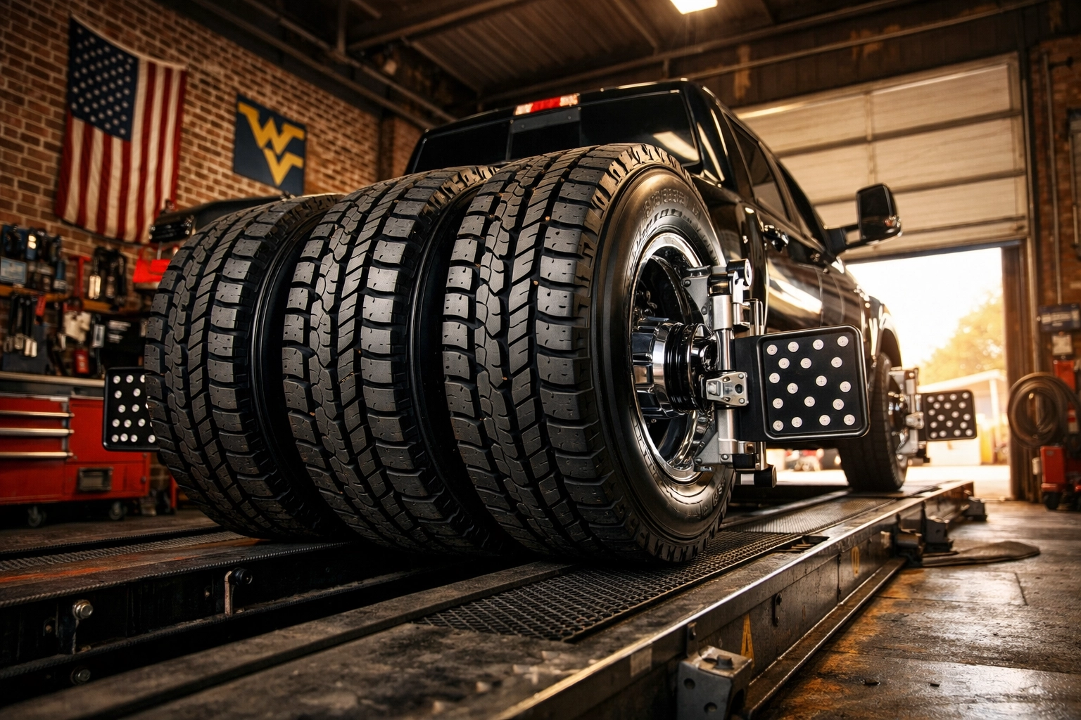 A dual wheel truck on a specialized rack receiving a precise dually wheel alignment service.