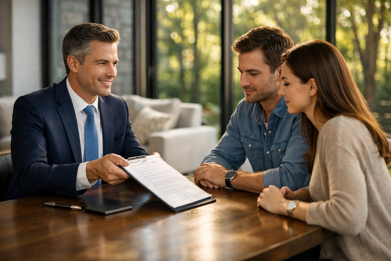 Russian speaking realtor Markham обсуждает покупку современного дома с клиентами в Маркхеме.