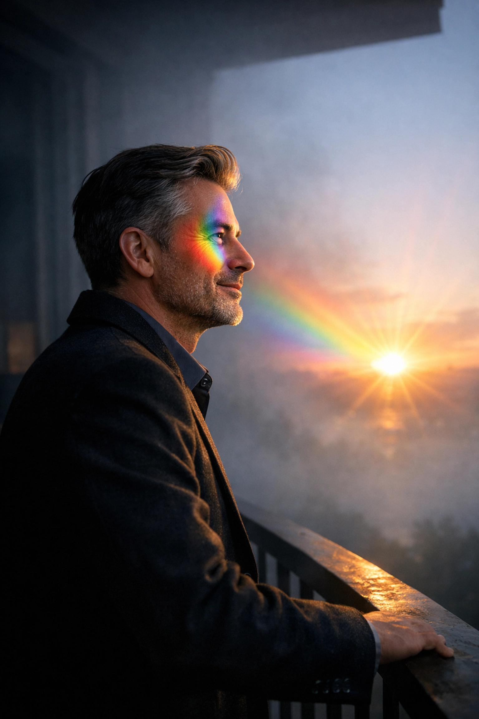 A mature gay man in his 50s looks toward a rainbow sunrise, symbolizing the clarity of coming out later in life.
