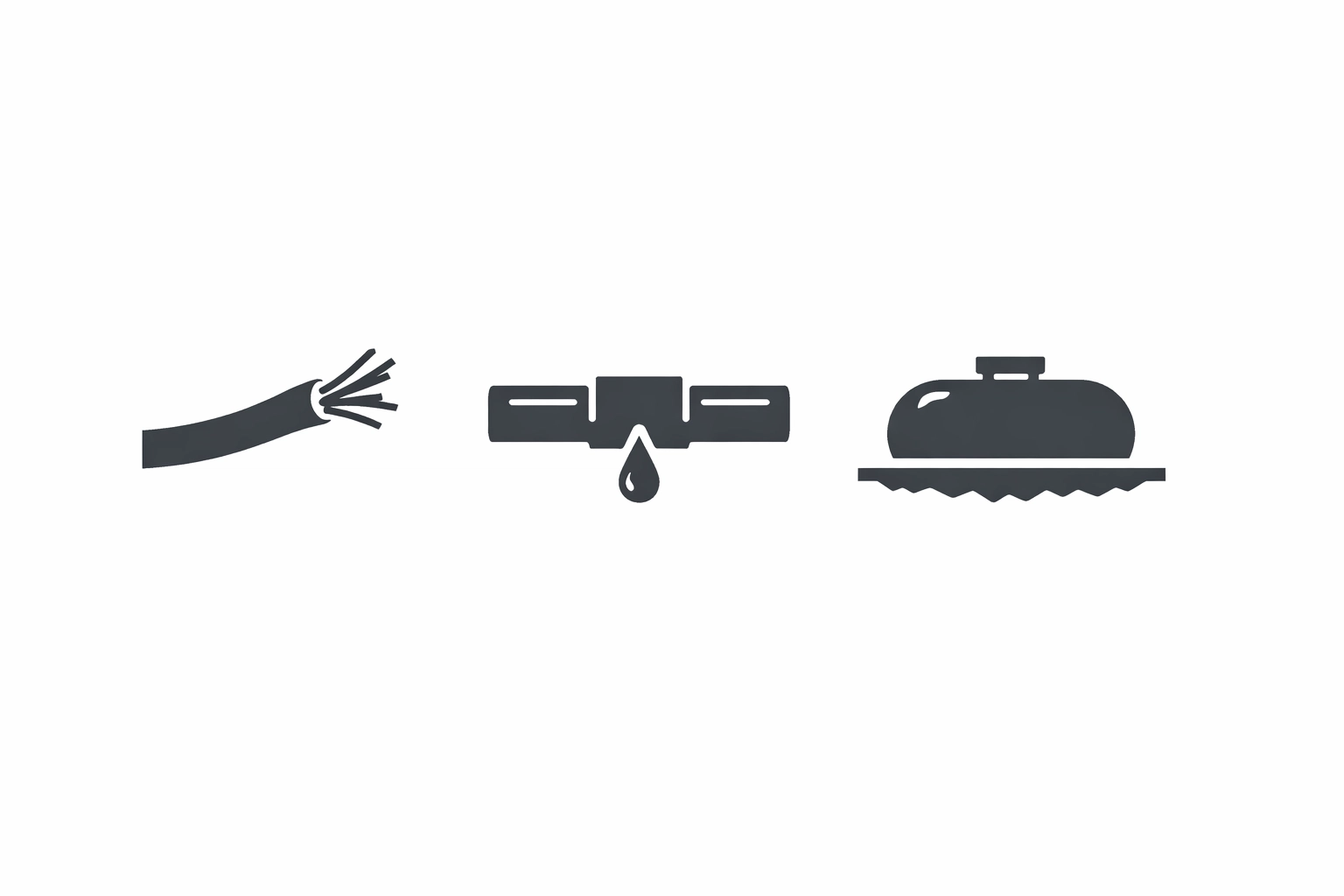 Icons representing common old house issues like faulty electrical wiring, leaking pipes, and buried oil tanks.
