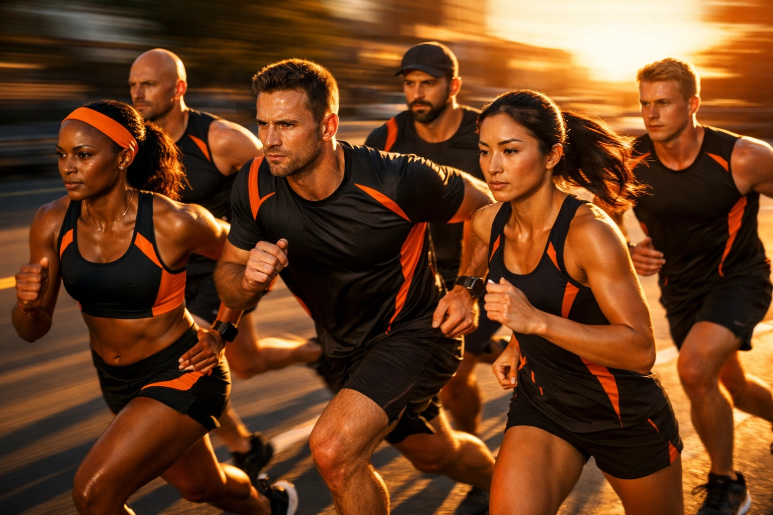 Diverse group of runners training together in coordinated athletic wear at sunset