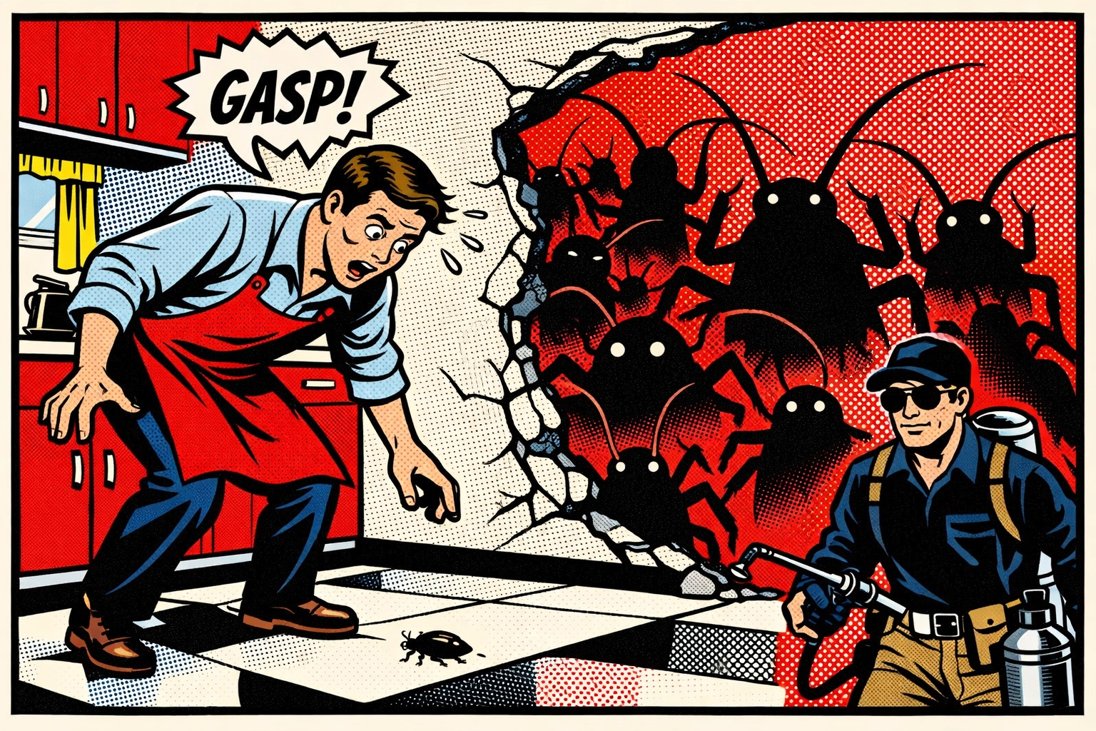 Comic illustration of a Jasper AL pest control technician finding a hidden cockroach infestation behind walls.