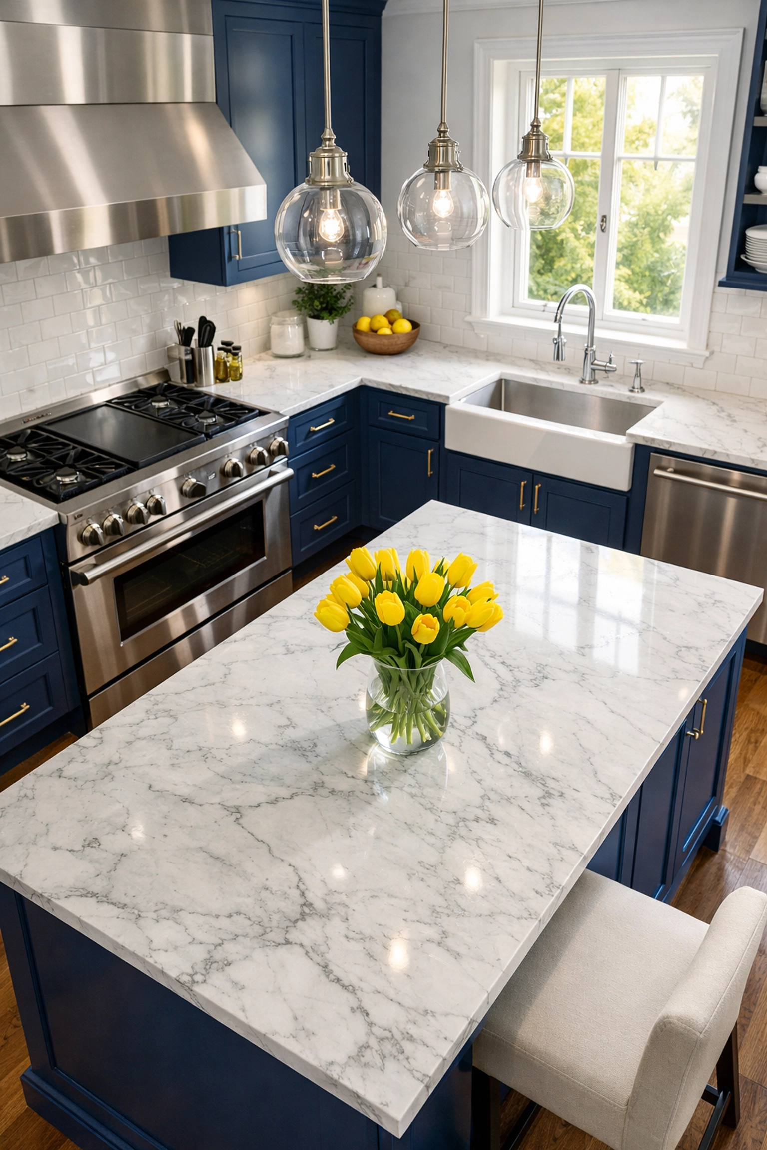 Professional deep cleaning Worcester in a luxury kitchen with marble countertops and blue cabinetry.