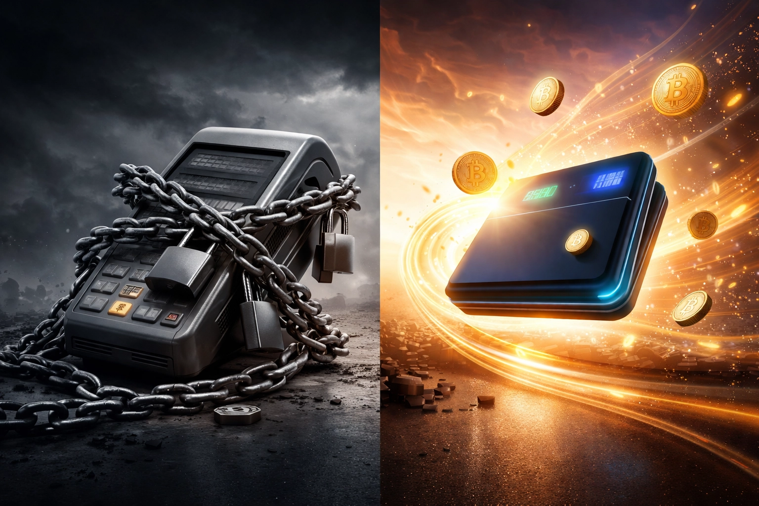 Visual comparison of restrictive POS terminals versus liberated digital wallets, highlighting self-custody crypto payments