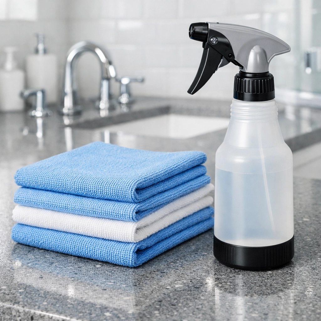 Professional cleaning supplies on a sanitized bathroom counter in a Leominster MA house.