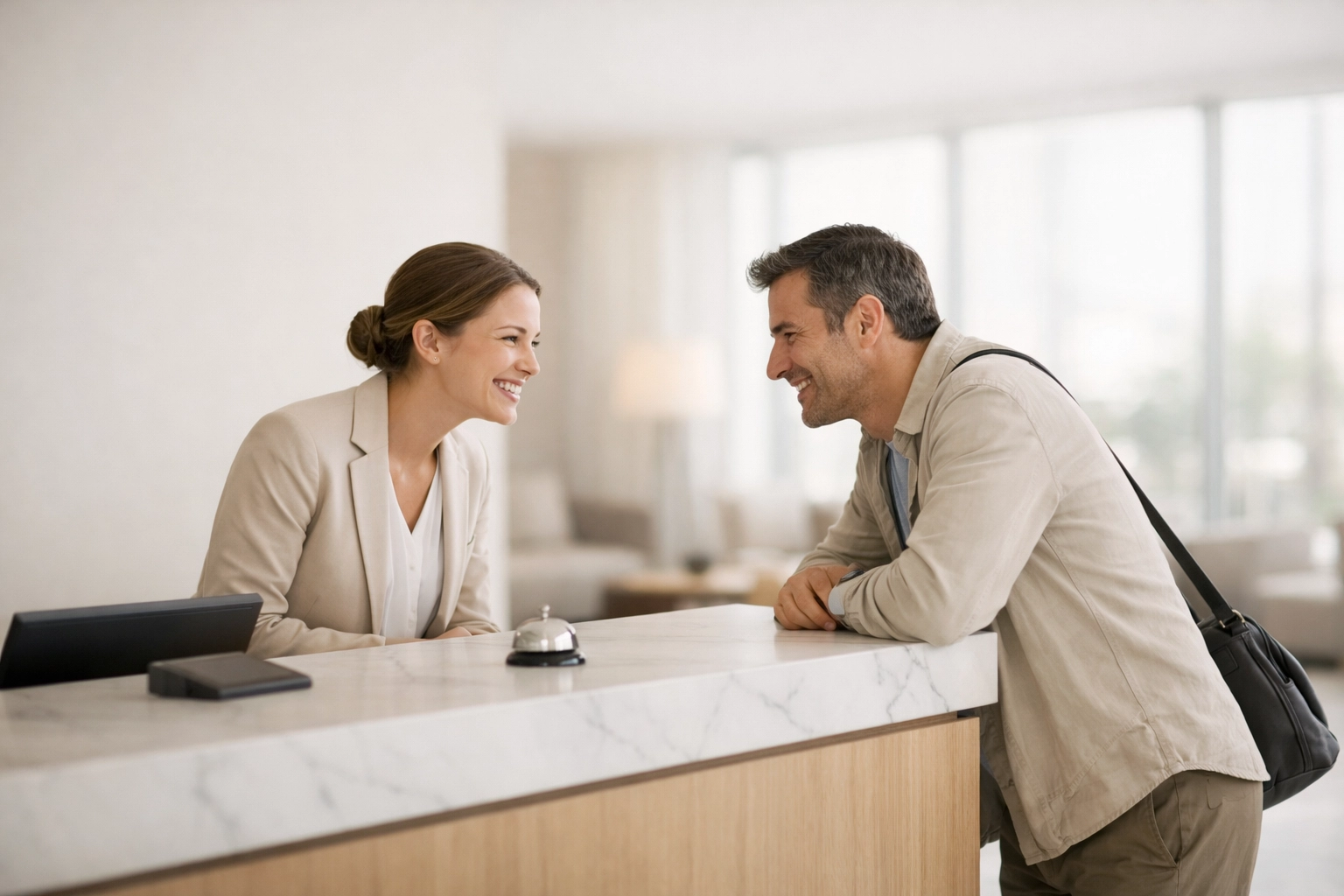 A warm interaction between hotel staff and a guest enabled by a modern hotel property management system.