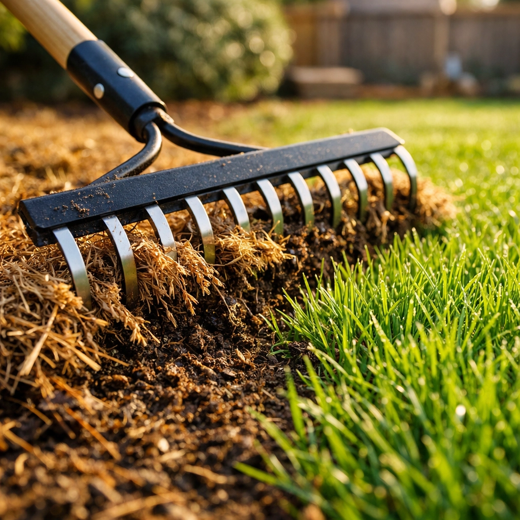 Professional metal rake removing dead winter thatch from a Staten Island lawn to help spring grass growth.