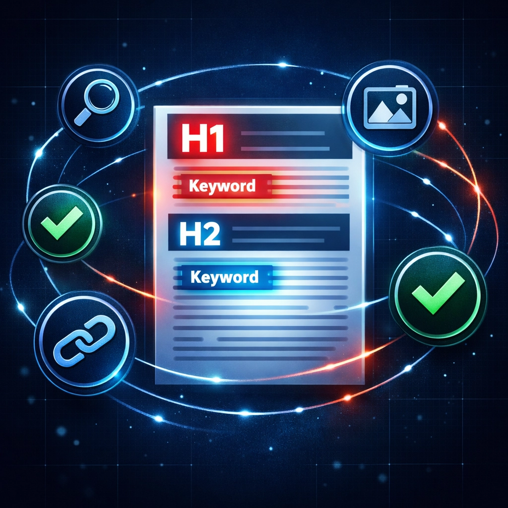 On-page SEO optimization showing proper keyword placement in H1, H2 tags and content structure
