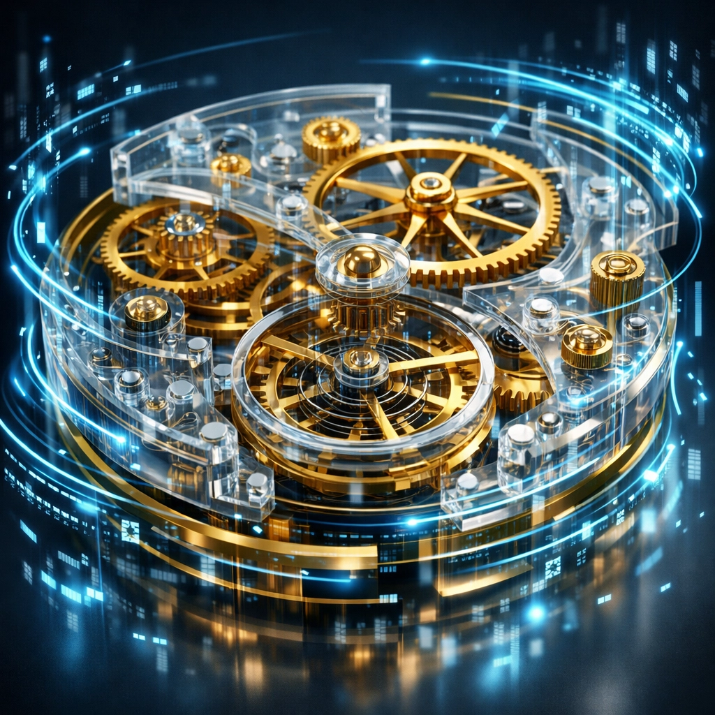 A glowing digital engine representing operational improvement and professional scaling in private equity investments.