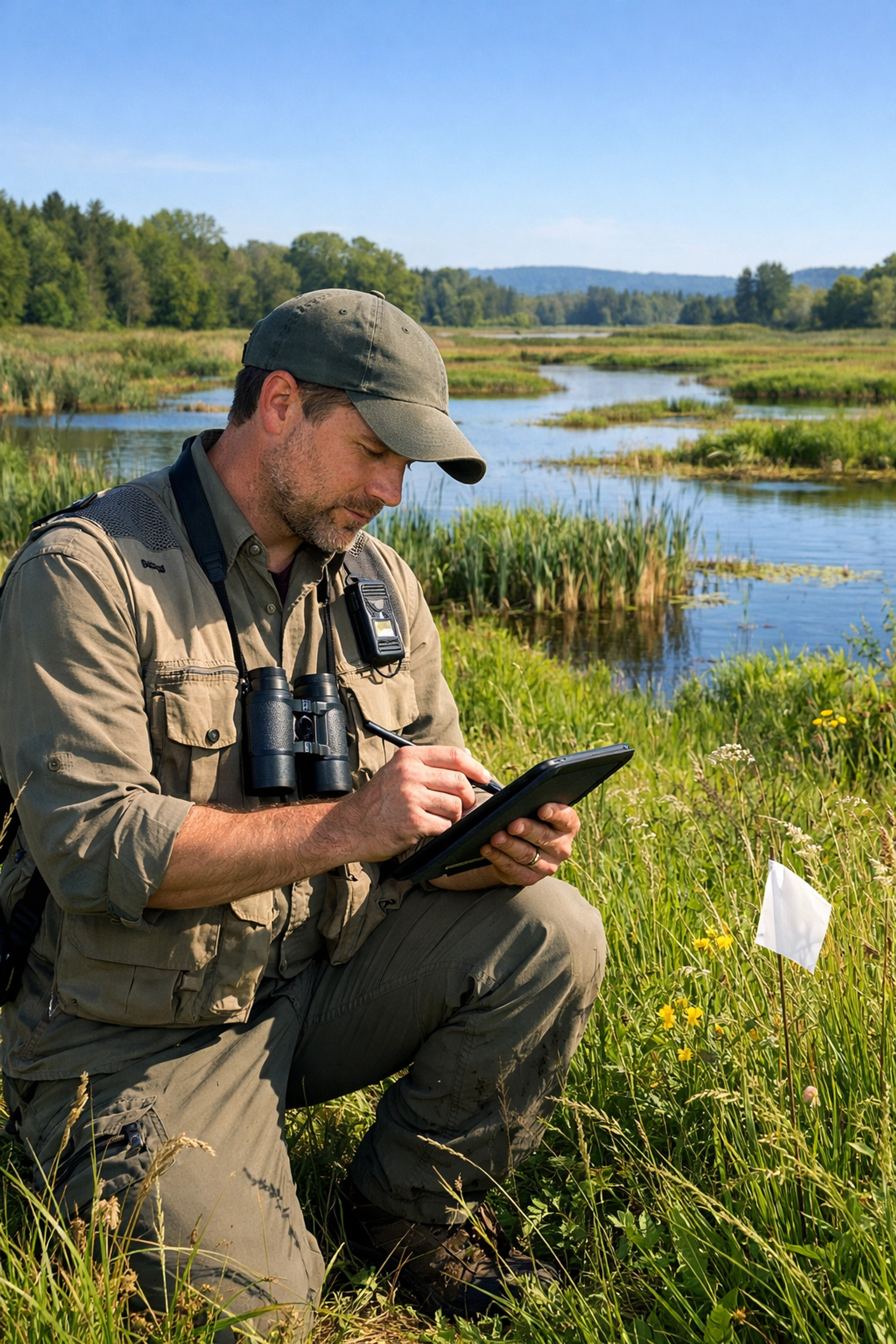 A wildlife biologist recording conservation data in a restored wetland meadow.