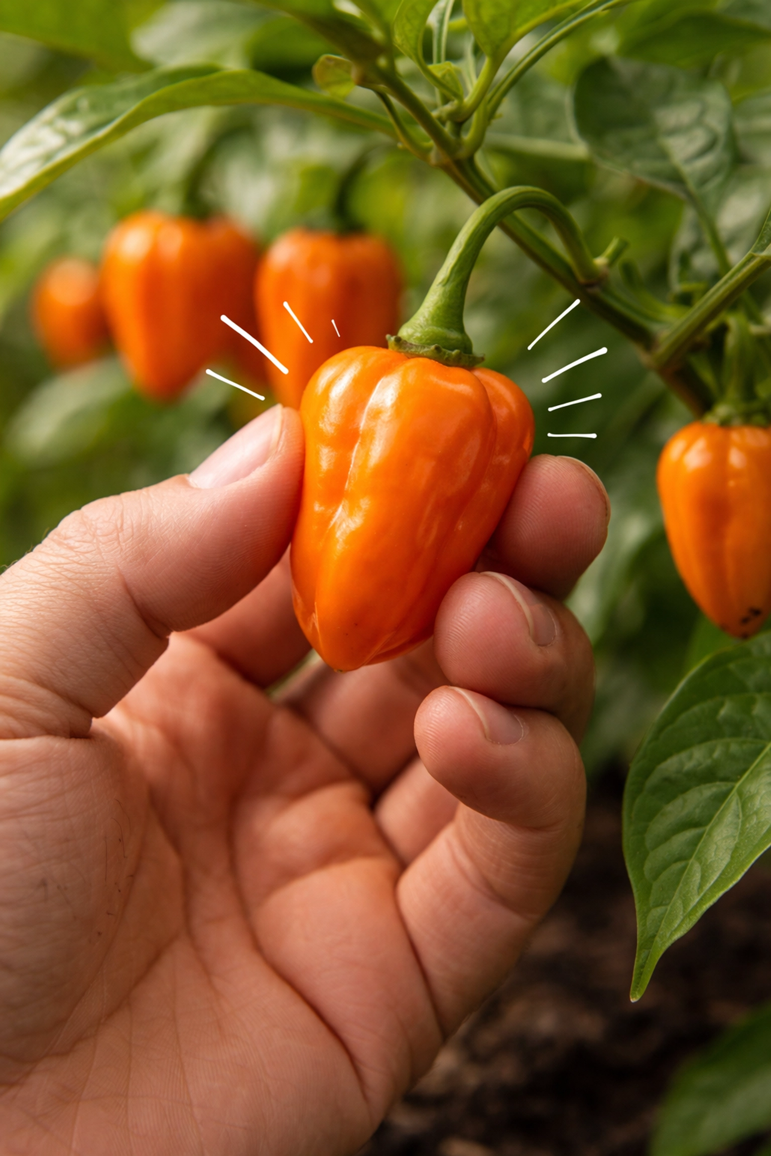 Gardener testing firmness of a glossy ripe orange habanero pepper still on the plant