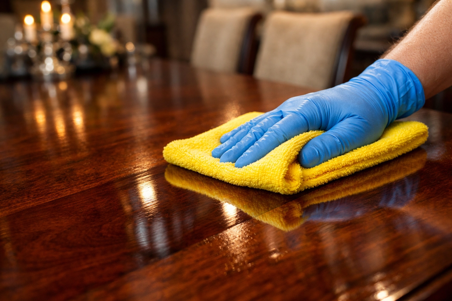 Detailed house cleaning Cambridge MA professional wiping a polished wood table with a microfiber cloth.