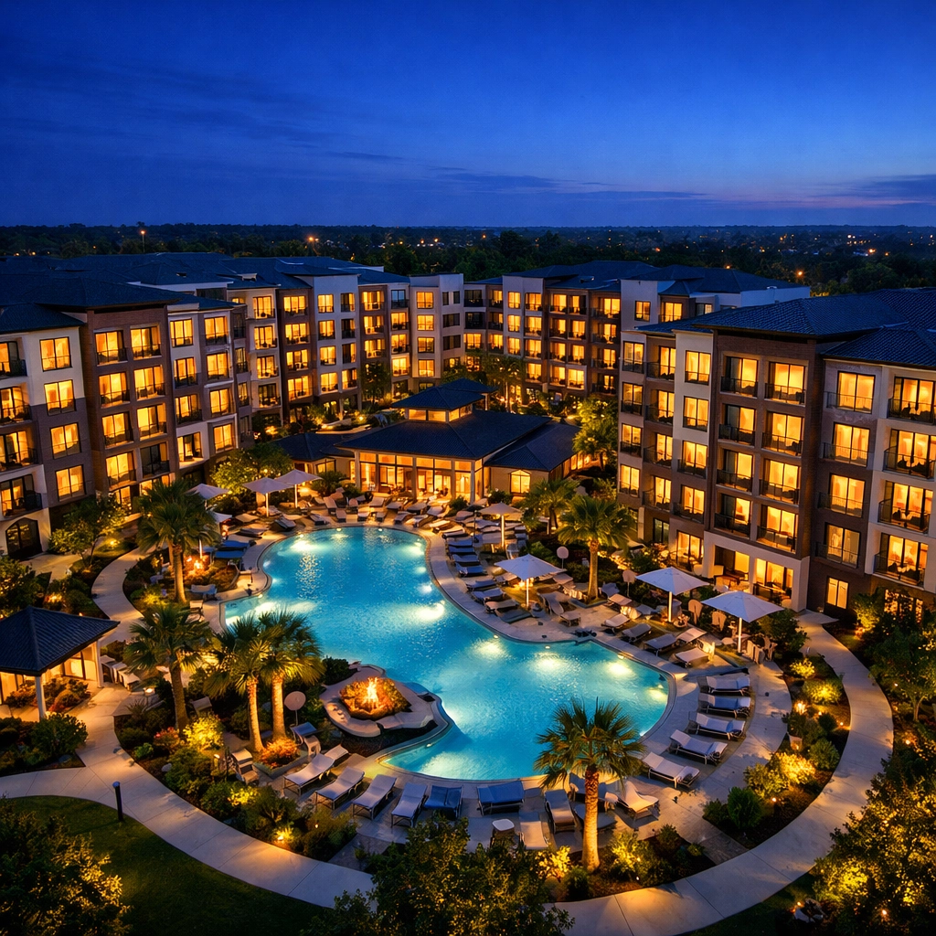 Aerial view of luxury multifamily apartment complex illuminated at dusk for real estate syndication