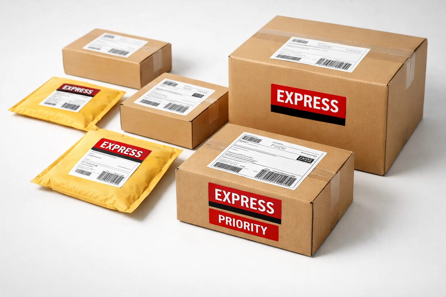 Express shipping packages with tracking labels and priority handling stickers