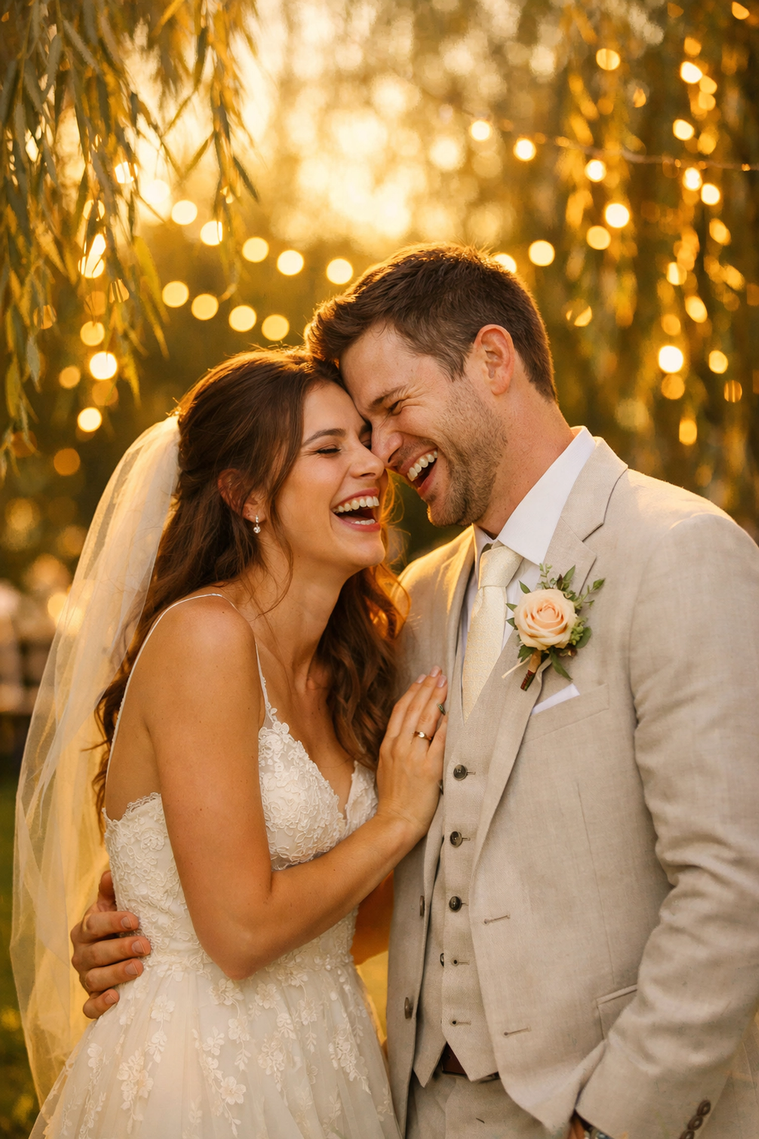 Happy newlyweds celebrating a debt-free, fully funded wedding at a beautiful golden-hour reception.