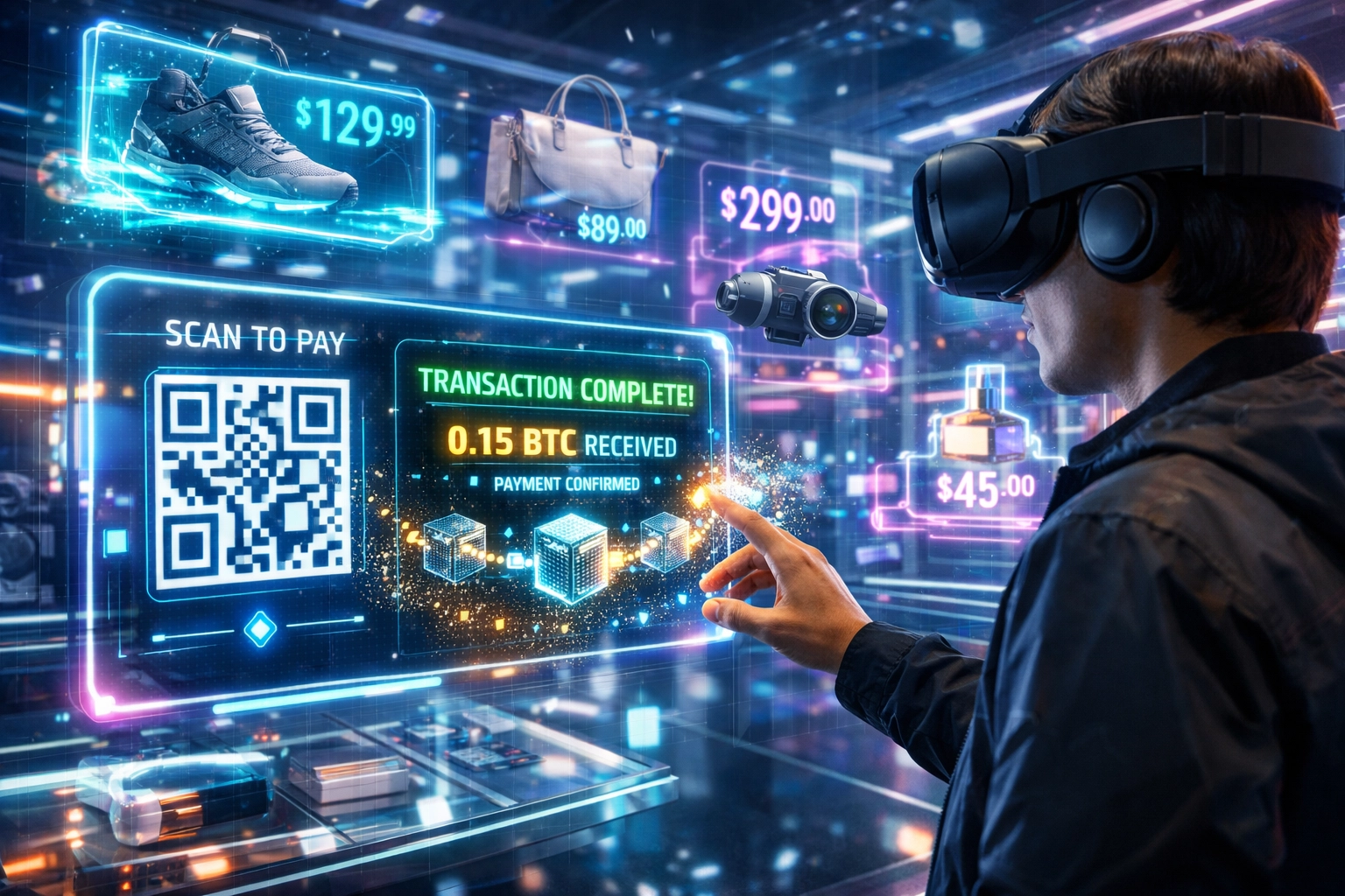 VR shopper in metaverse store using cryptocurrency for instant Web3 payments