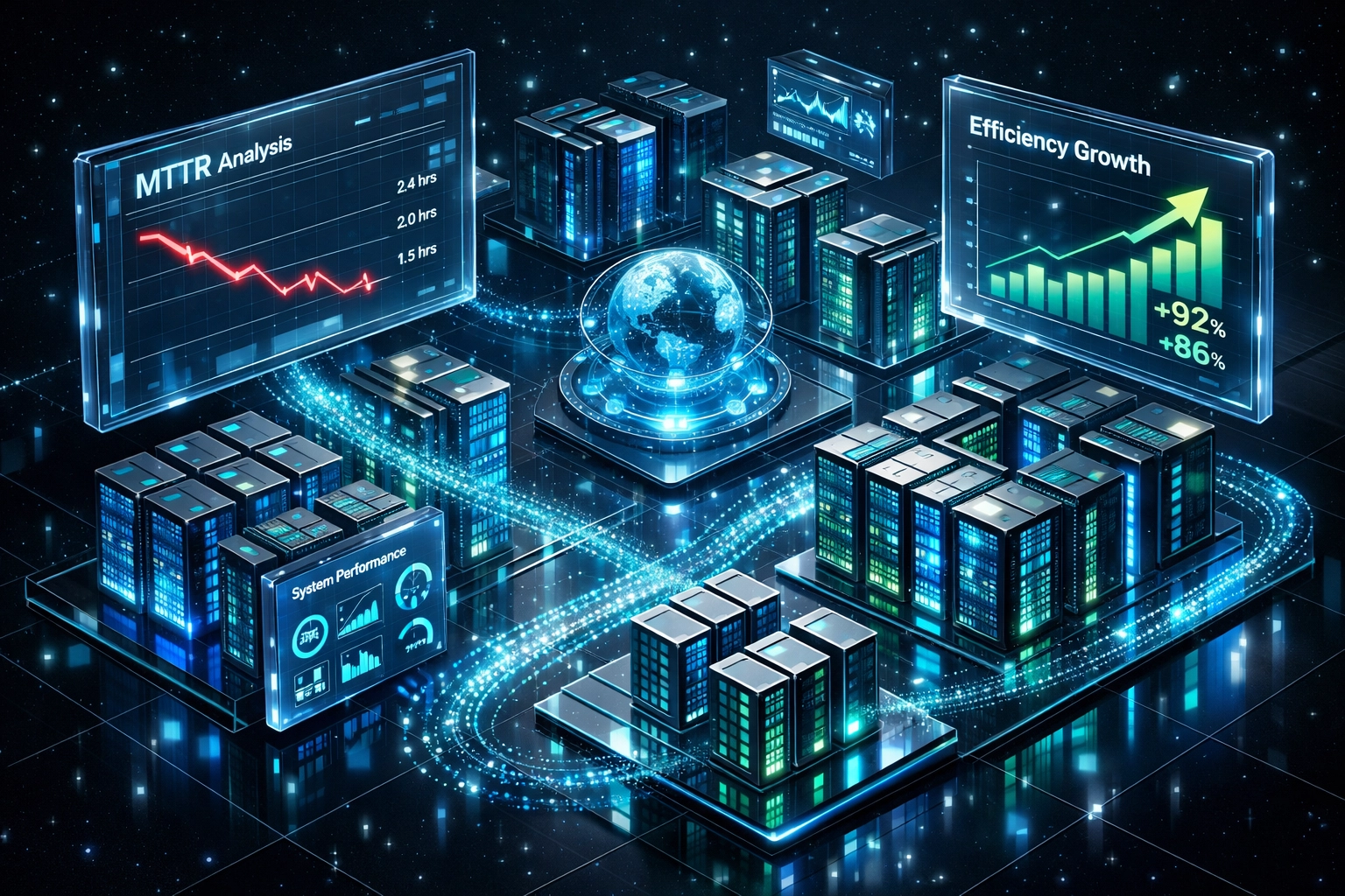 ServiceNow ITOM performance data visualization showing MTTR reduction and efficiency gains