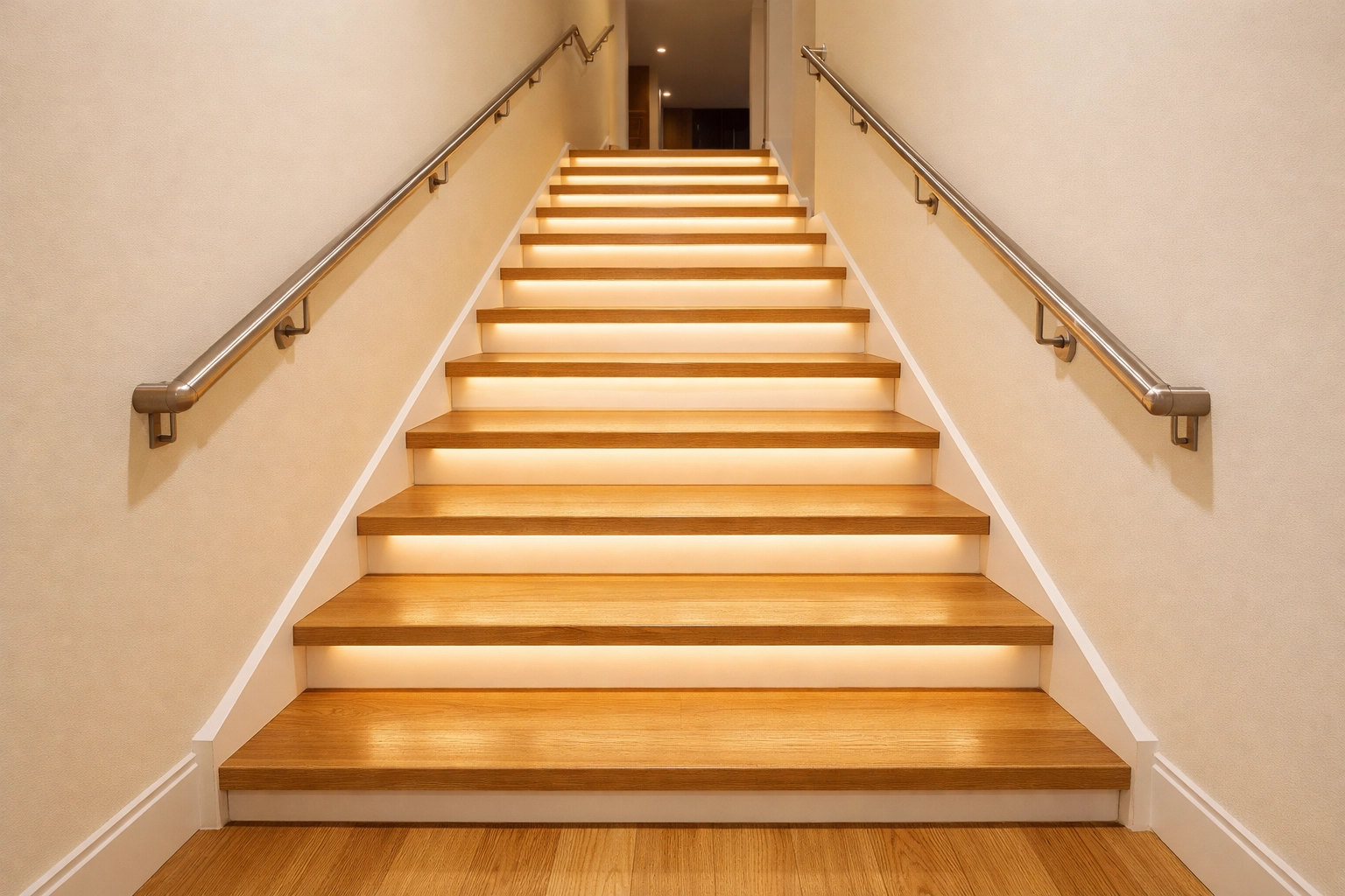 Brightly lit indoor staircase with warm LED lighting to enhance visibility and prevent falls.