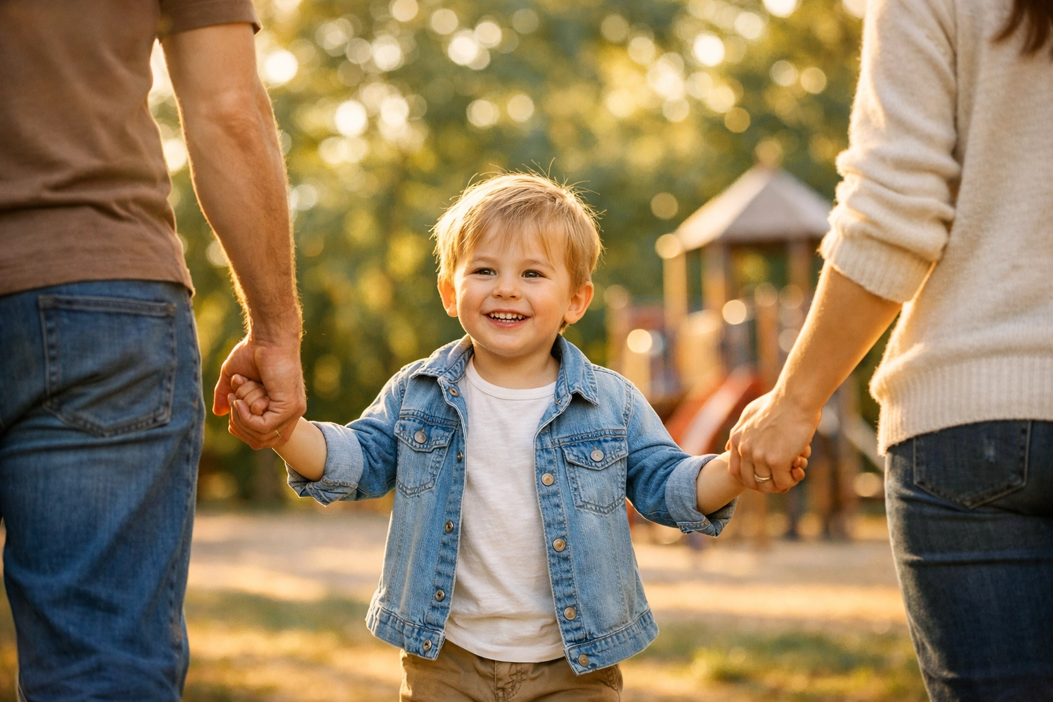 Young child walking with parents in a park, illustrating 50/50 shared parenting in Oklahoma.