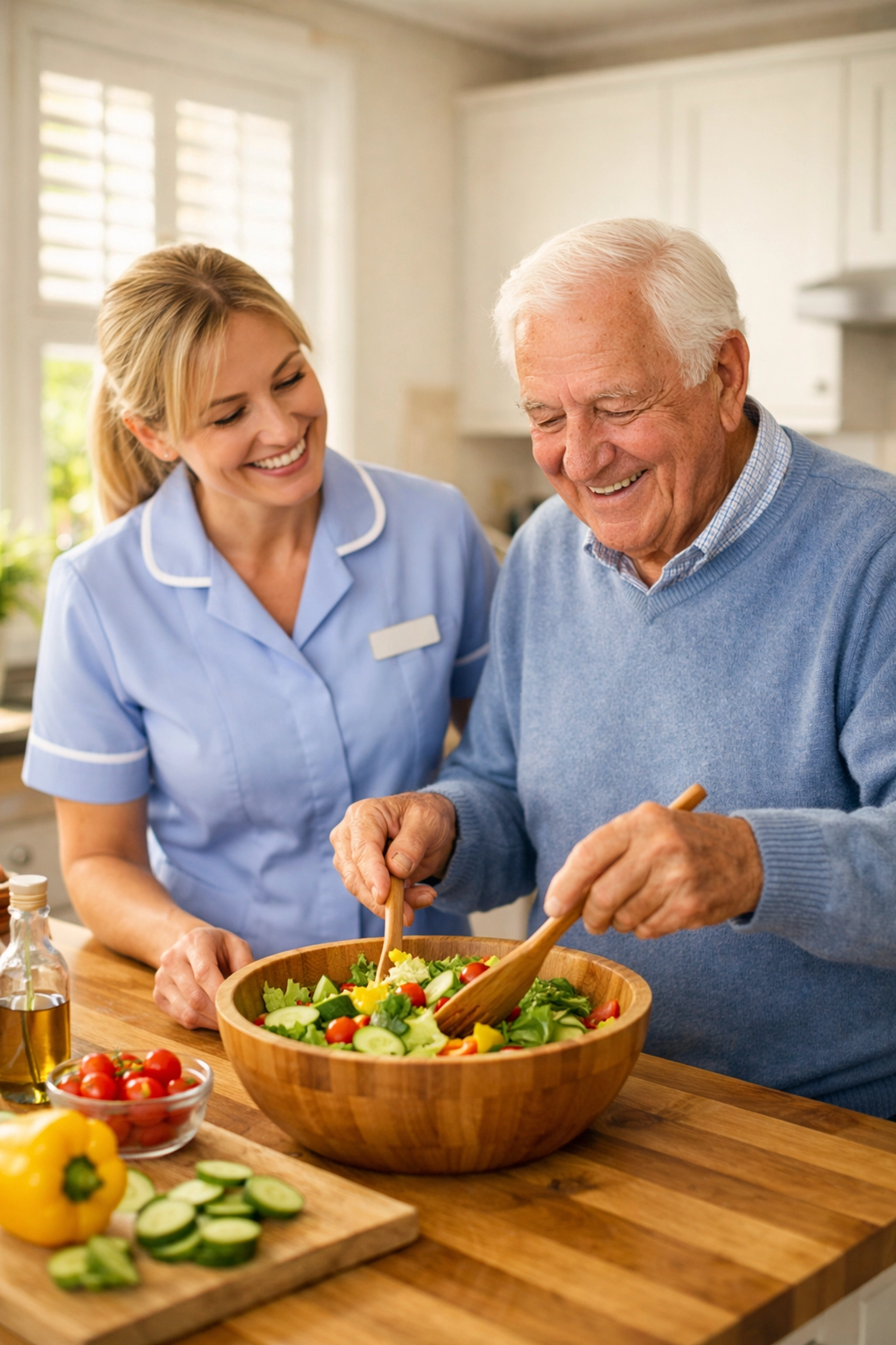 A professional live-in carer assisting an elderly man with meal preparation in a bright Southampton kitchen.