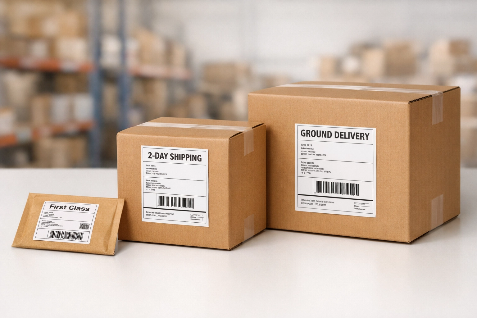 Different sized parcels ready for carrier delivery in warehouse