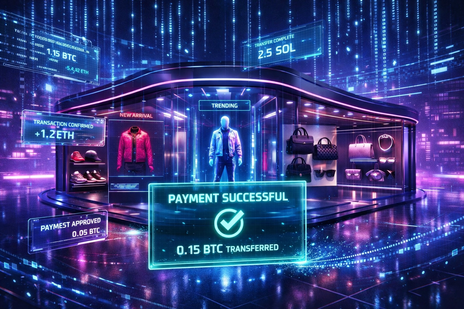 Virtual reality storefront displaying holographic products with crypto payment transaction flowing in Larecoin metaverse