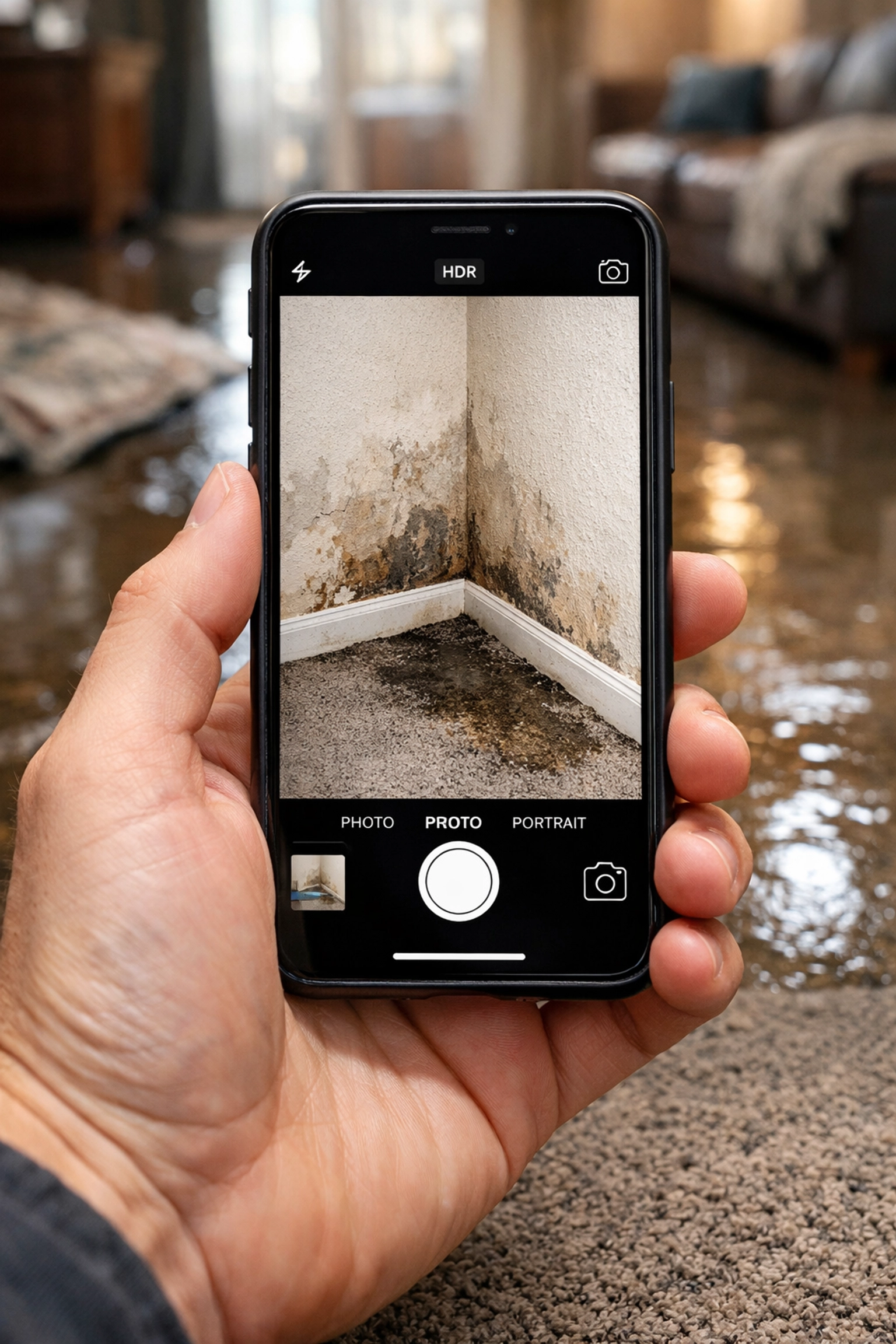 Homeowner photographing water damage on walls and carpet for an insurance claim in Berks County.