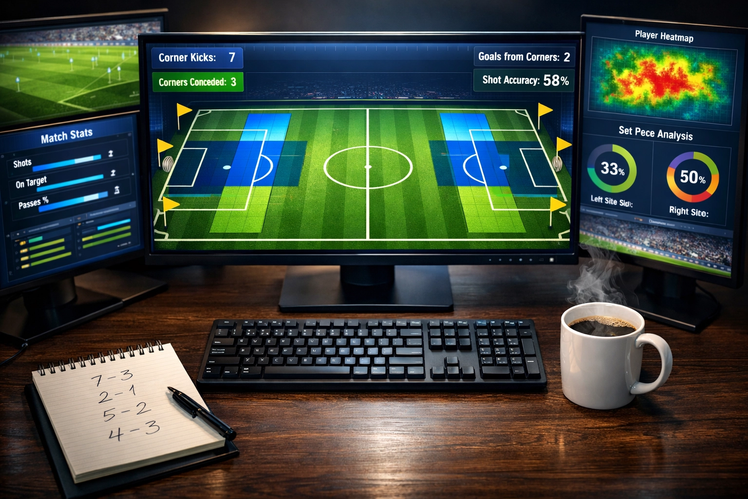Sportwetten-Analyse am Computer mit Fußball-Statistiken und Ecken-Daten auf Monitoren