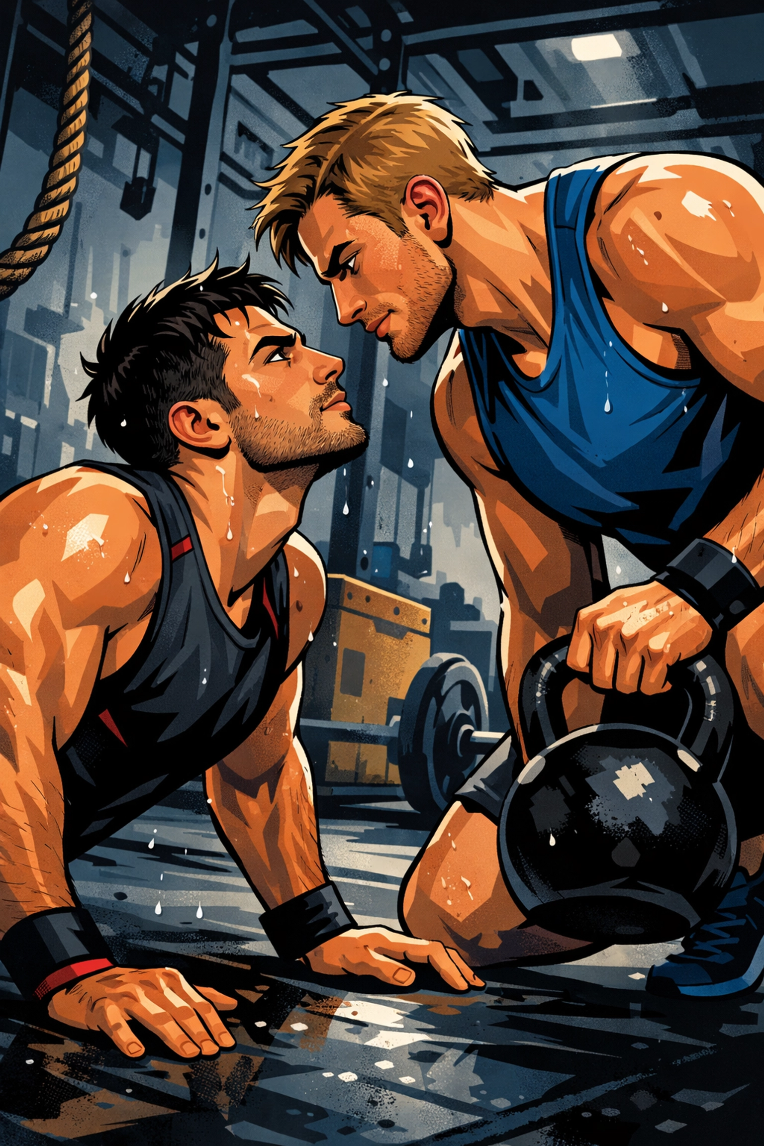 Gay men in CrossFit gym with intense connection capturing enemies to lovers romance tension