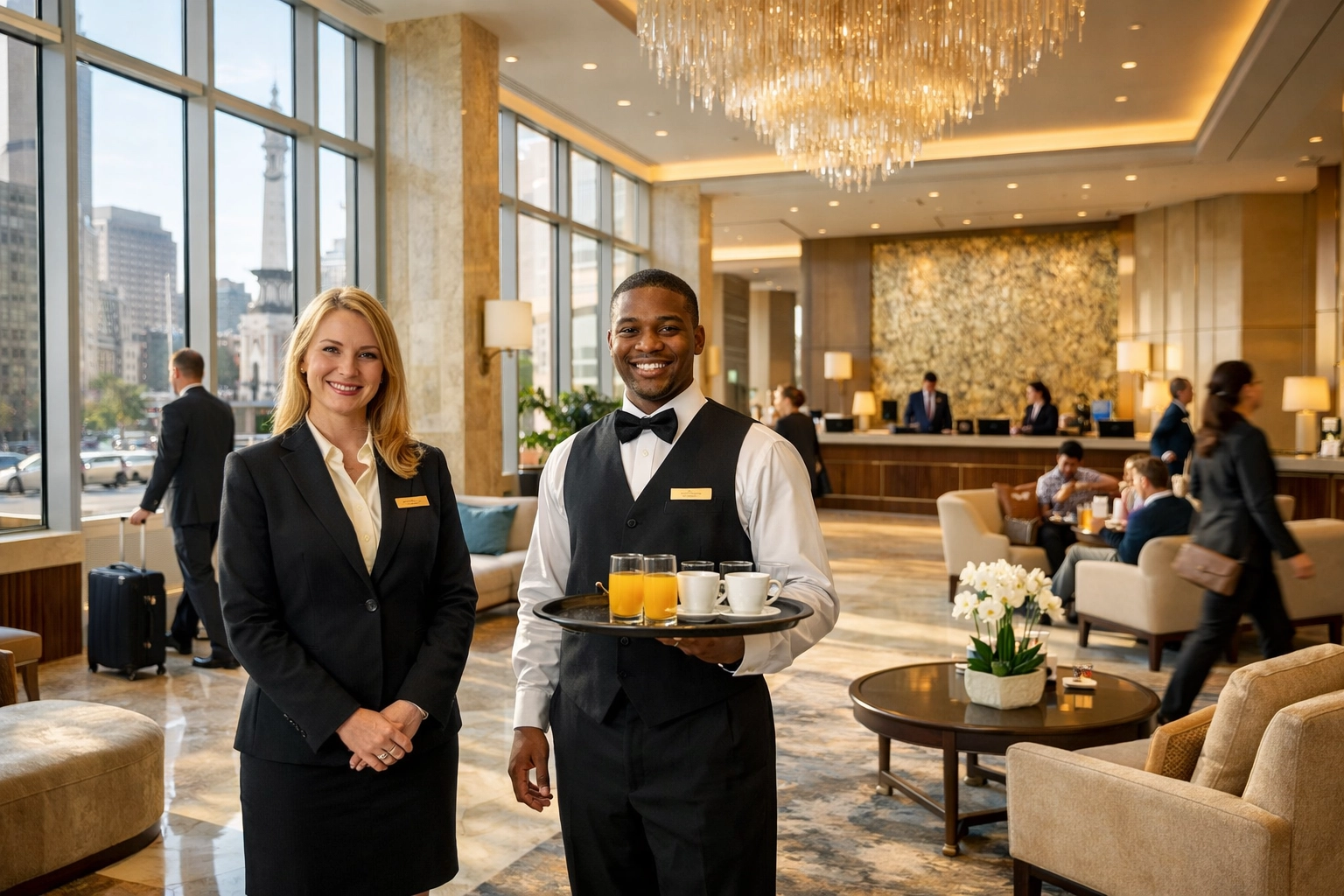 Professional concierge and banquet staff providing expert service in a busy Indianapolis hotel lobby.