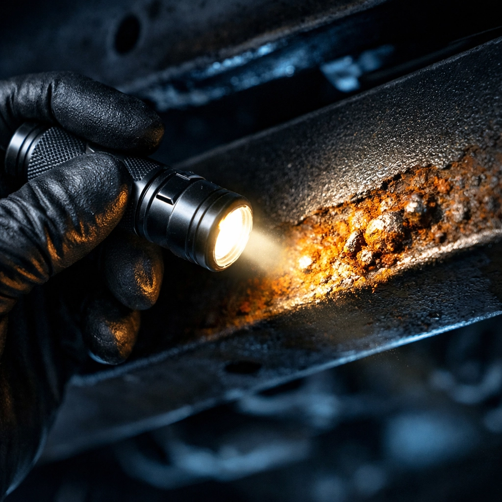 Mechanic using a torch to find bubbling rust and corrosion on a vehicle's steel chassis rail.