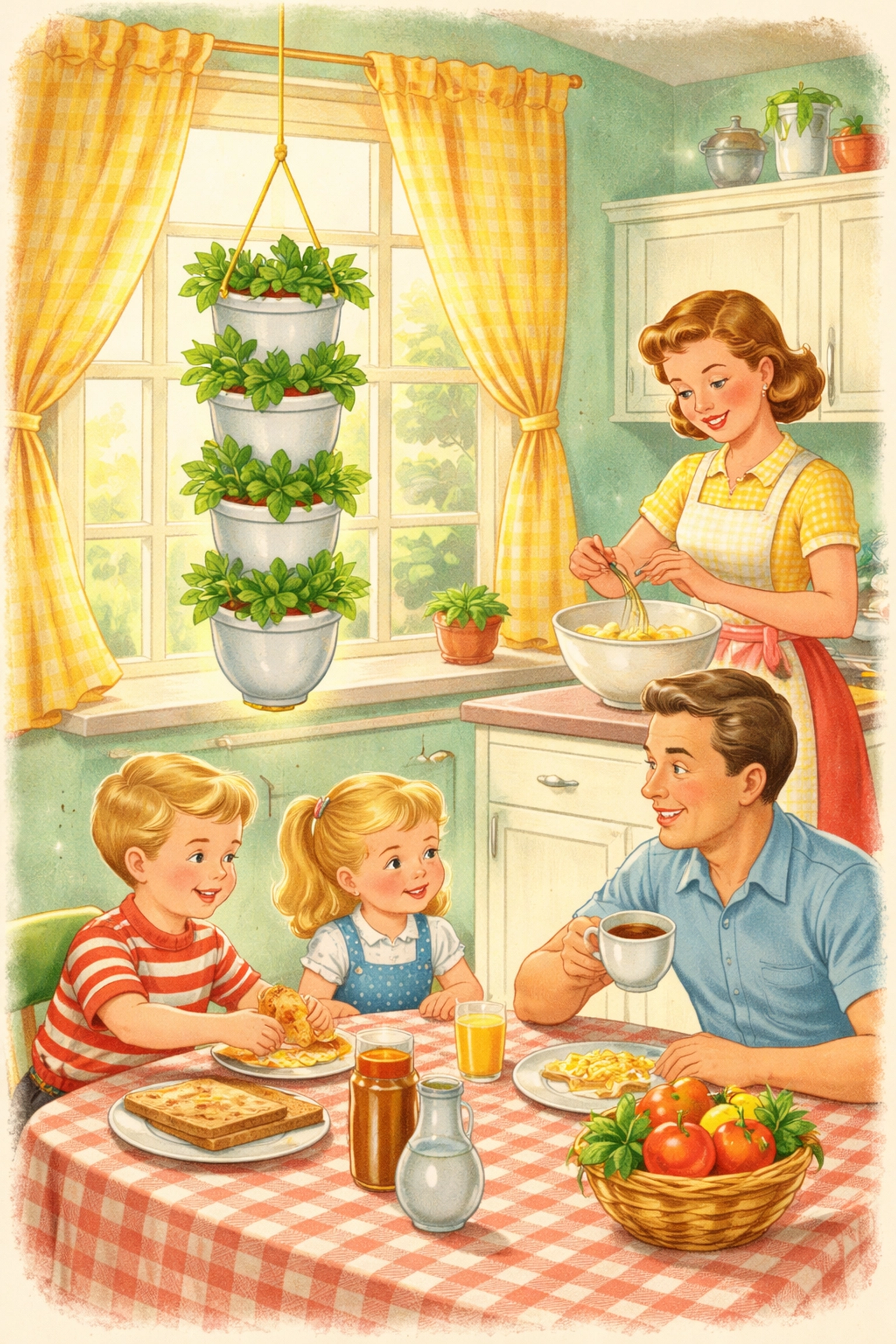 Family kitchen with a homemade vertical garden tower made from bottles, showing kids how to grow herbs indoors.