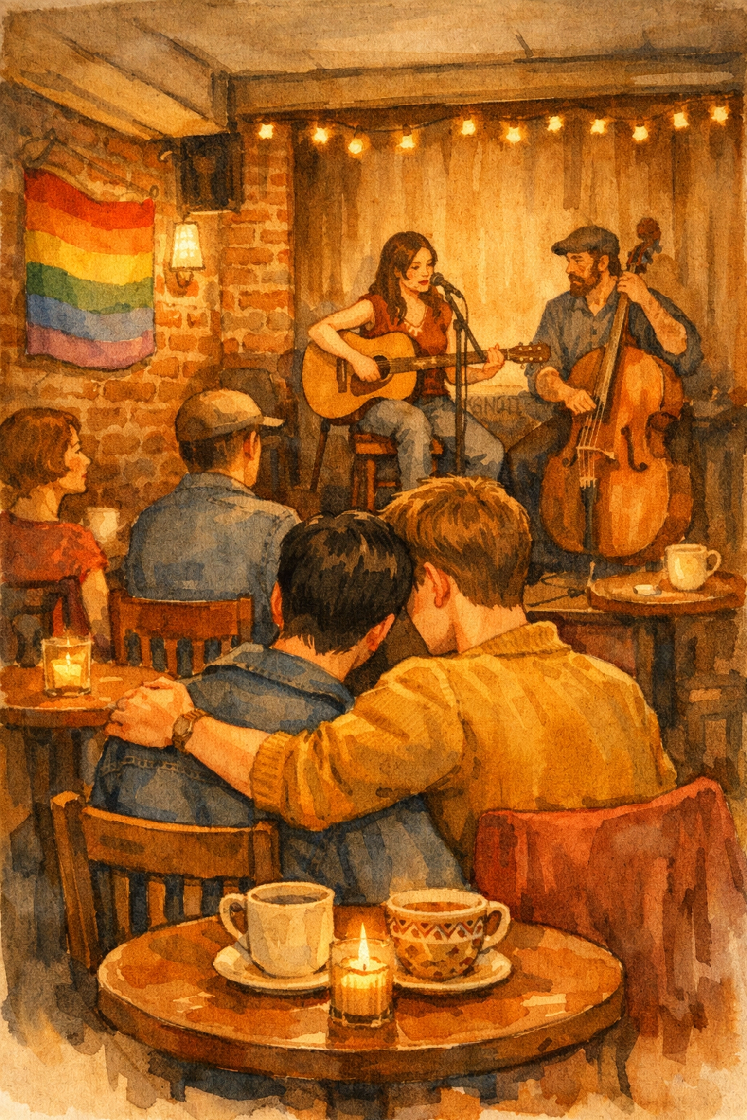 Gay couple watching performance at 1960s Caffe Cino Greenwich Village, birthplace of authentic queer theatre