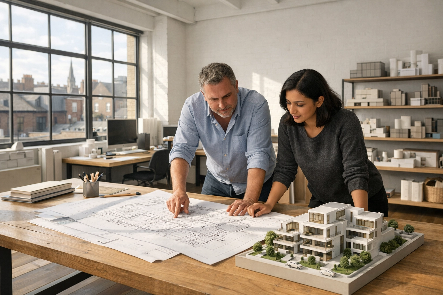 Architects in Croydon and Bexleyheath reviewing integrated structural engineering and residential building models.