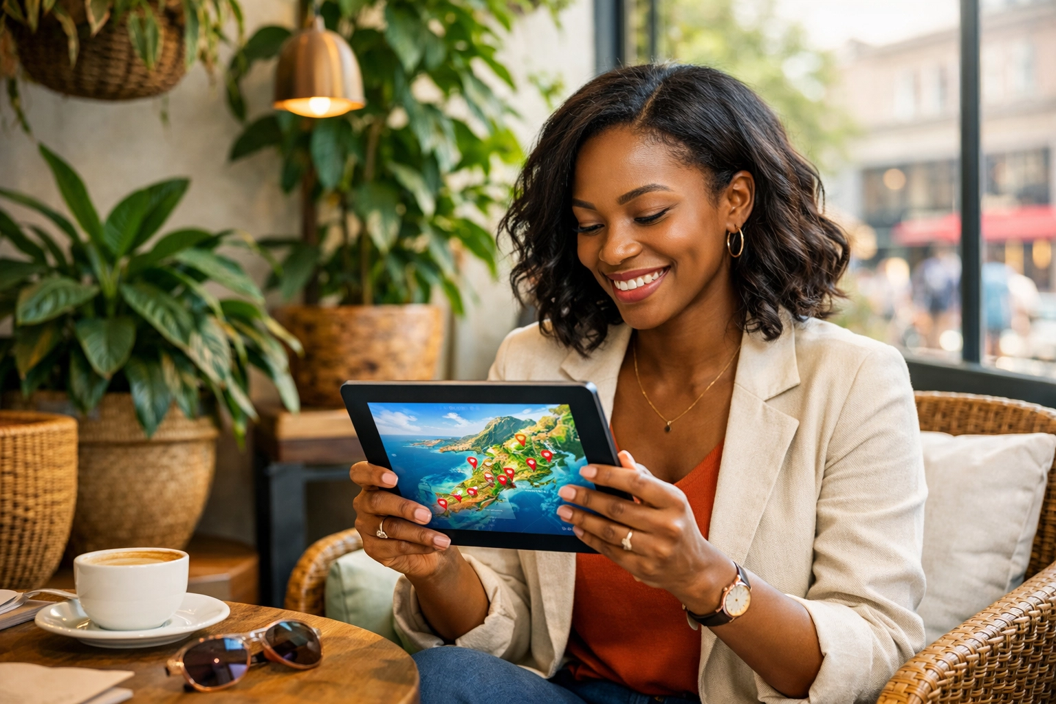 A traveler in a cafe reviewing a custom travel itinerary designed by an Omaha Travel Agent.