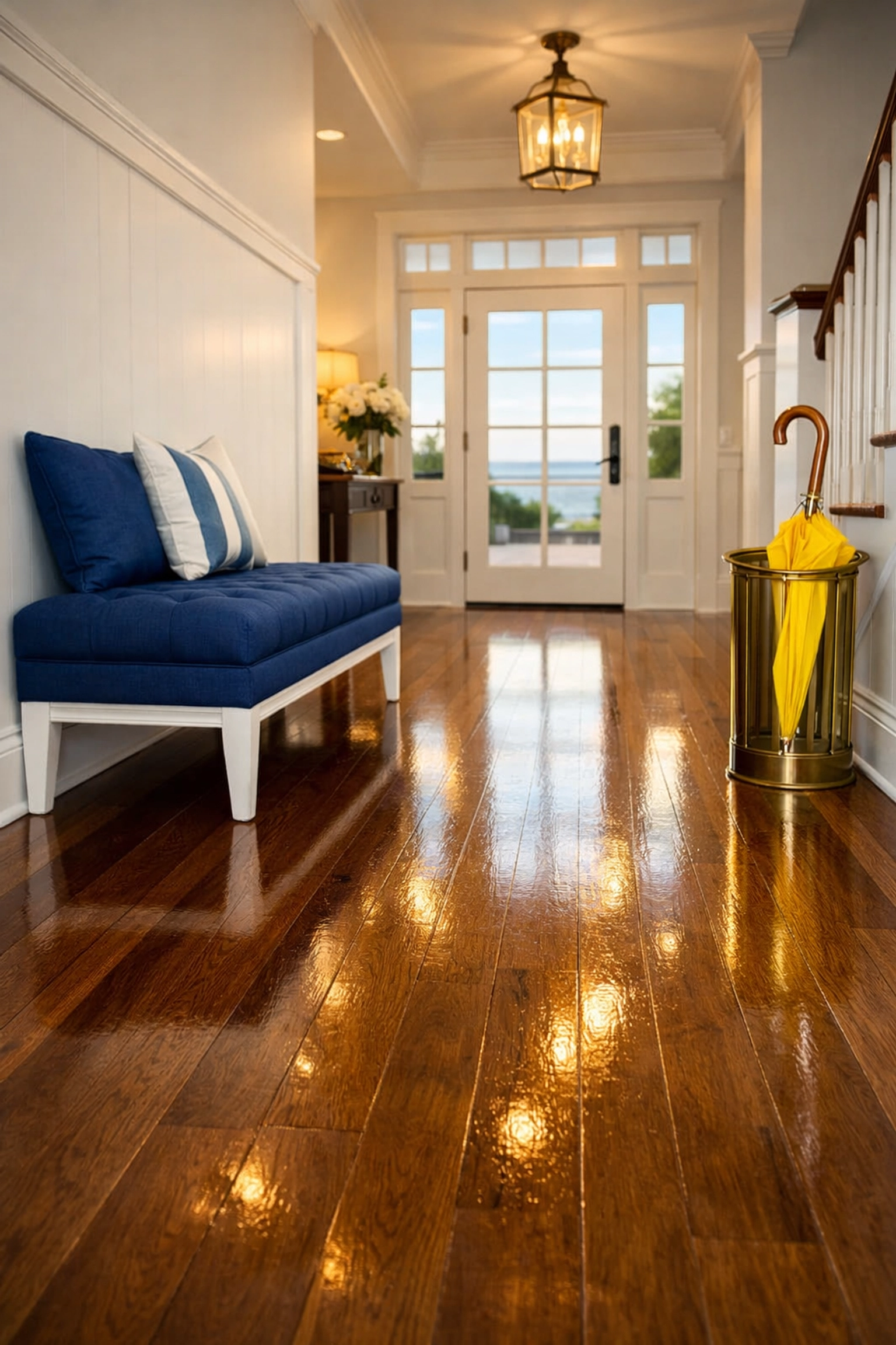 Gleaming hardwood floors in a Marblehead home entryway after a thorough residential cleaning service.