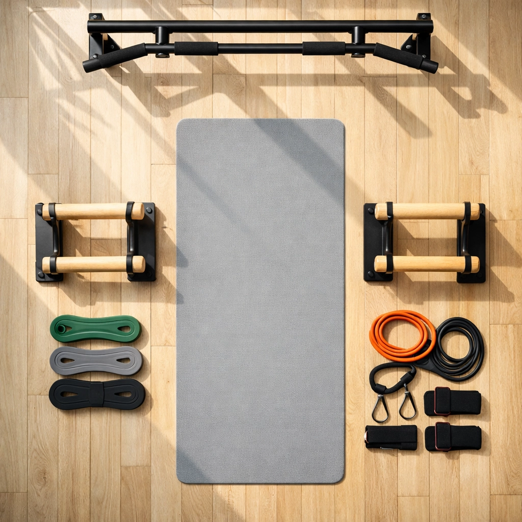 Overhead view of minimal home gym equipment including yoga mat, parallettes, and pull-up bar