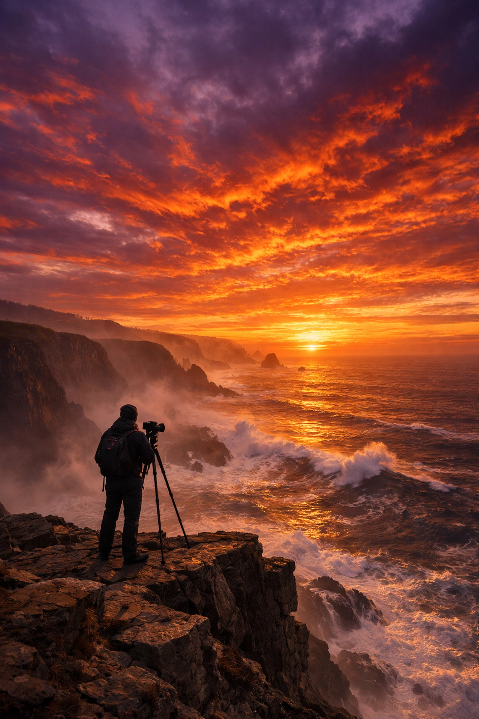 Landscape photographer on a cliffside with a tripod capturing a vista with new camera gear in 2026.
