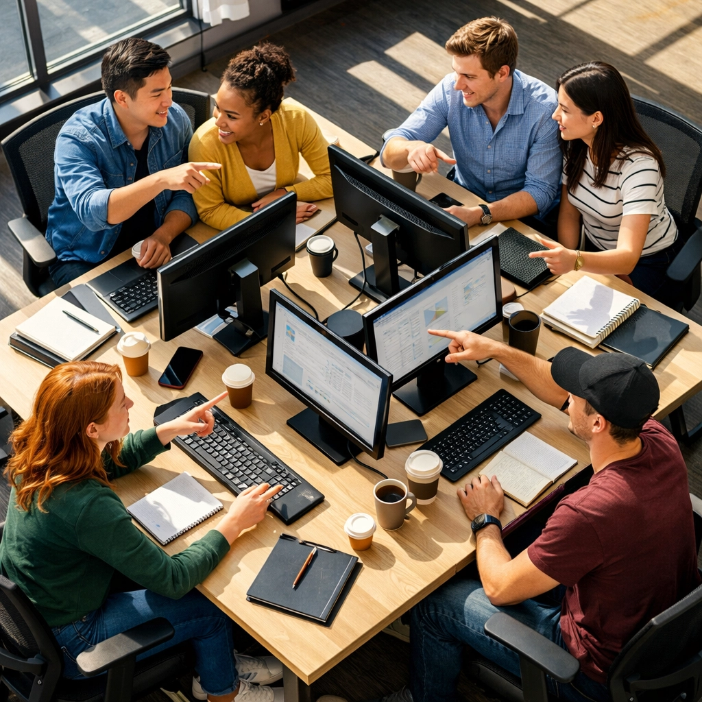 Students collaborating in modern pod workspace with computers and shared workstations