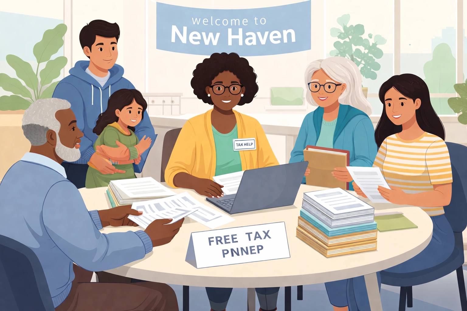 New Haven residents receiving free tax prep help from a volunteer at a local community center